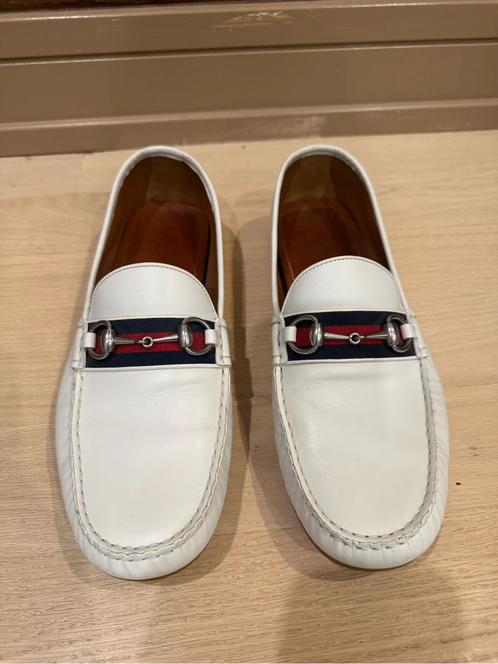 Gucci White Leather Loafers with Navy & Red Web and Silver Horsebit